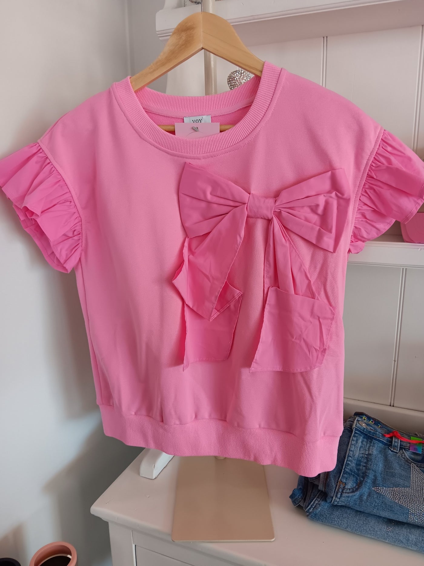 Pink Contrast Ribbon Bow Ruffle Top