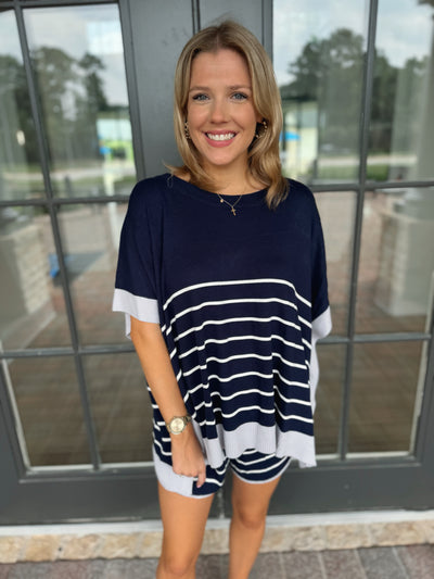 Navy Blue White Striped Top