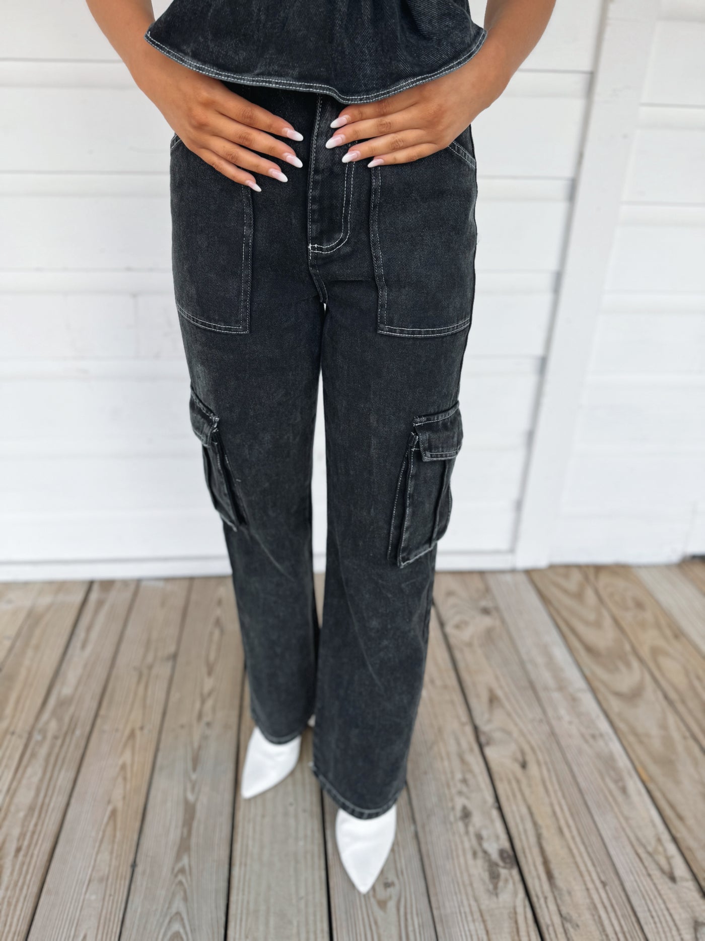 Black Denim Cargo Pants Set