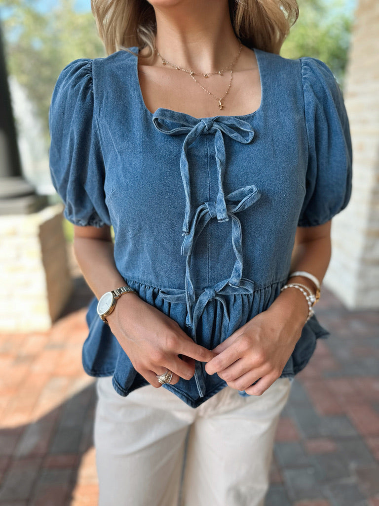 Denim Bow Peplum Top