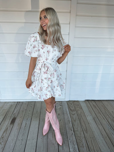 White Floral Puff Sleeve Dress