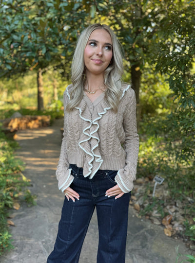 Cable Knit Ruffle Cardigan Sweater