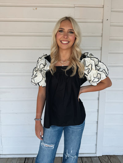 Black Ruffle Sleeve Top