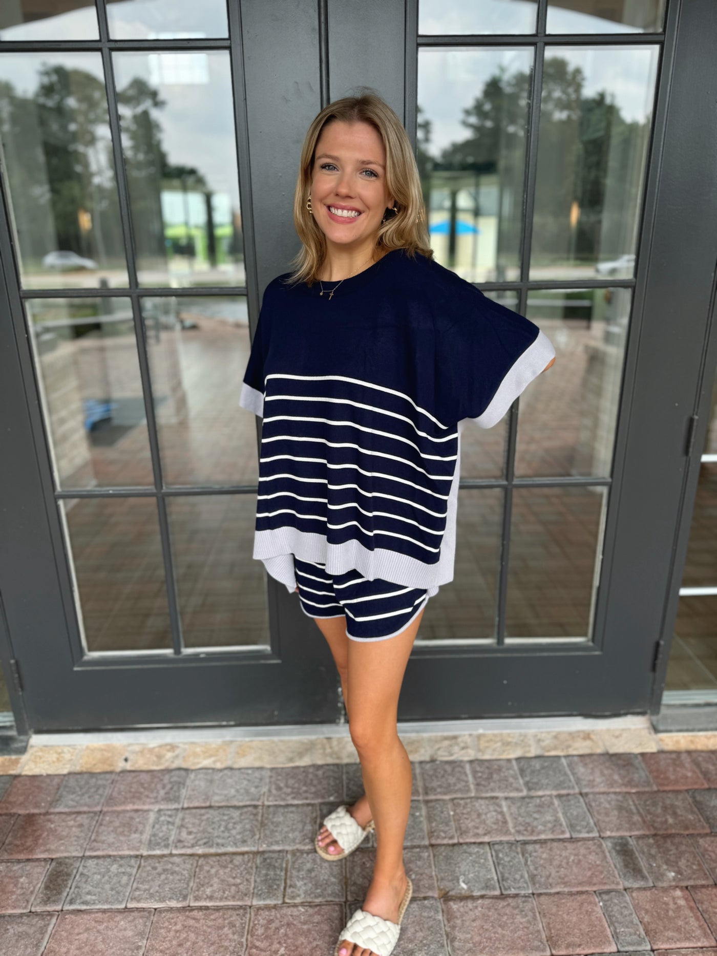 Navy Blue White Striped Top