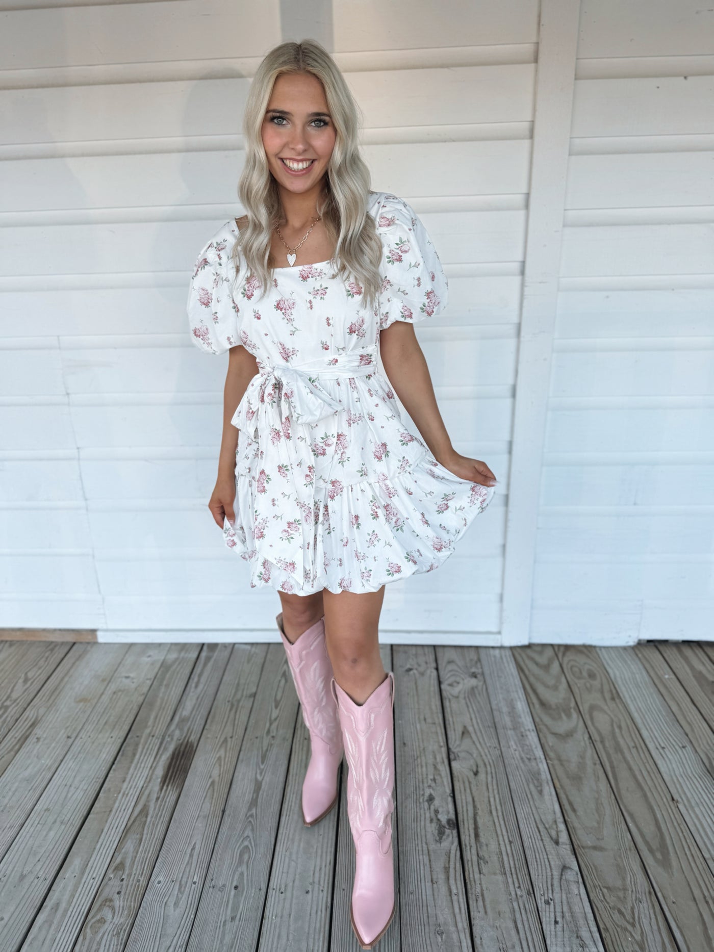 White Floral Puff Sleeve Dress