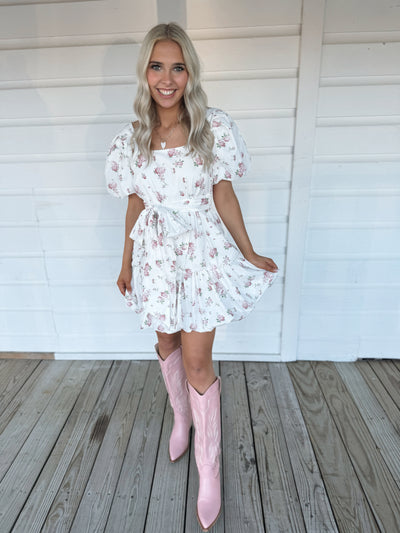 White Floral Puff Sleeve Dress