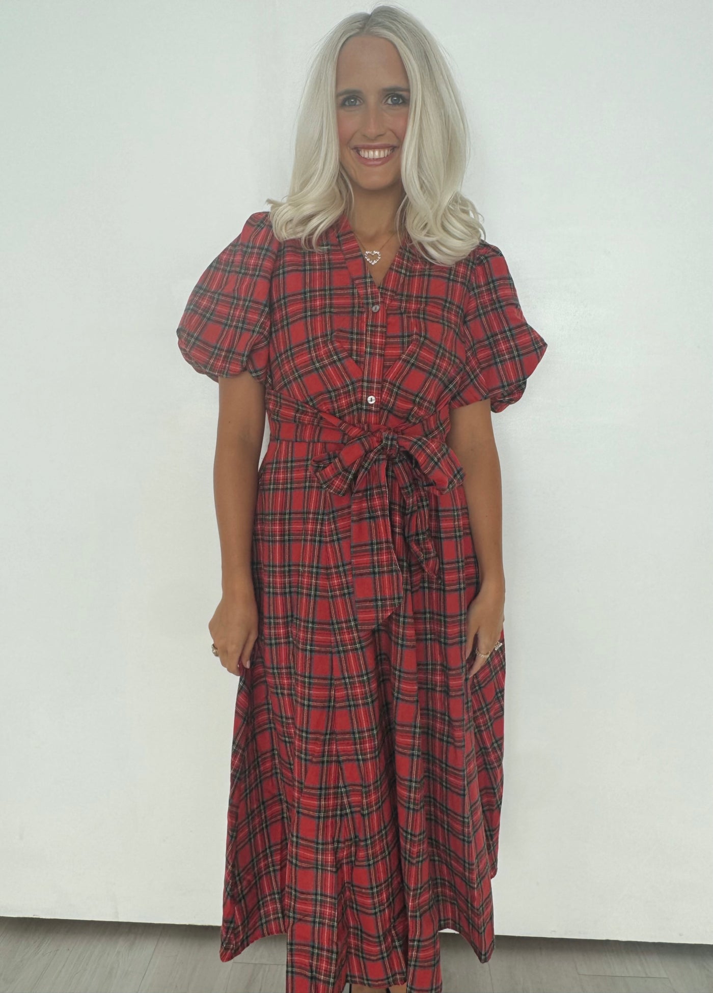 Red Plaid Tie Maxi Dress
