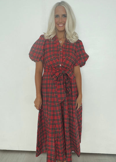 Red Plaid Tie Maxi Dress