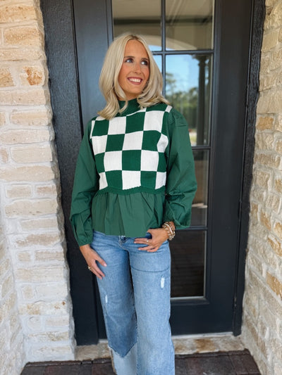 Square Pattern Green Poplin Top