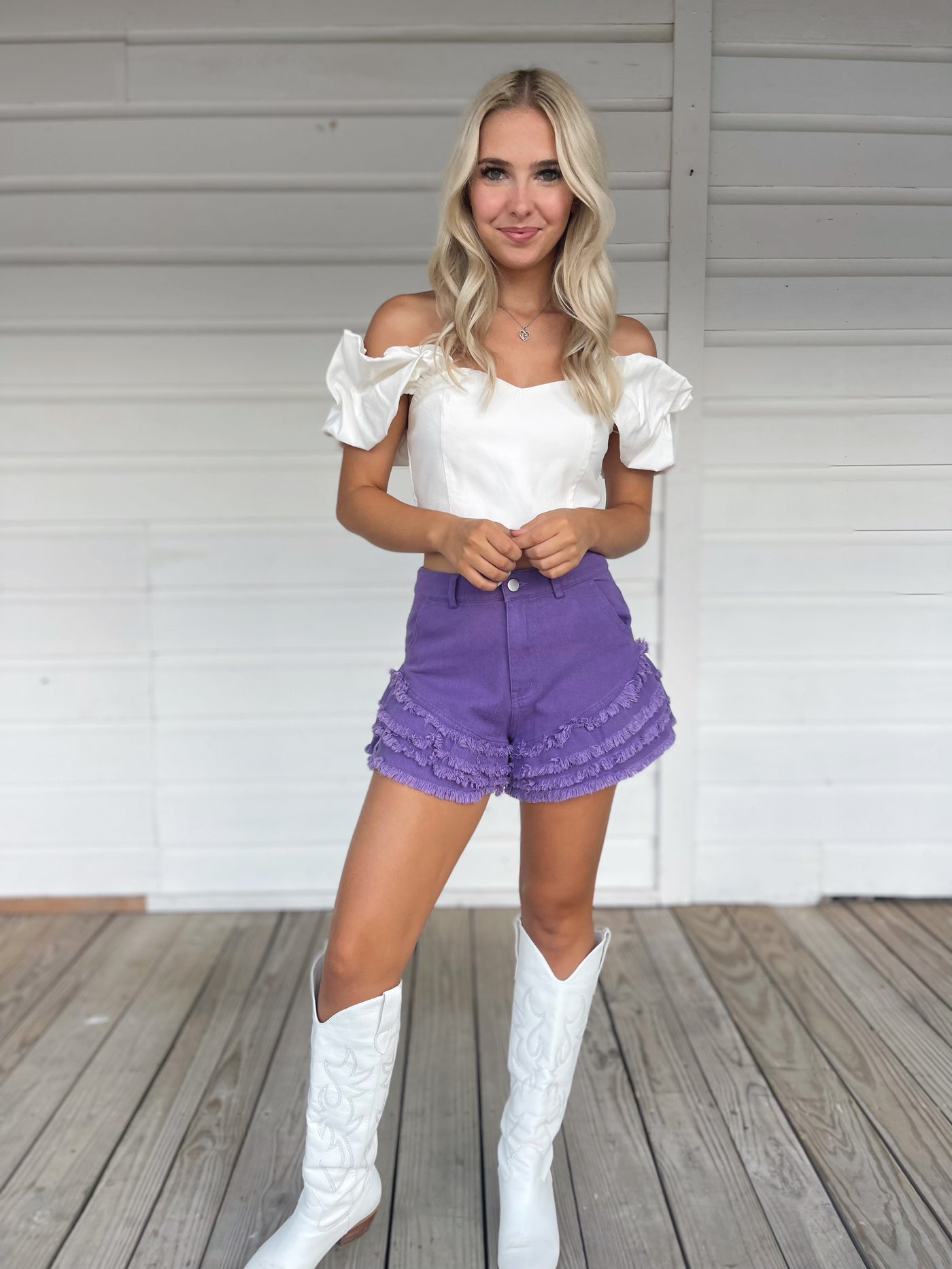 Purple Ruffle Denim Shorts