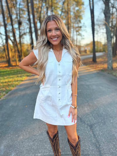 White Pocket Denim Dress