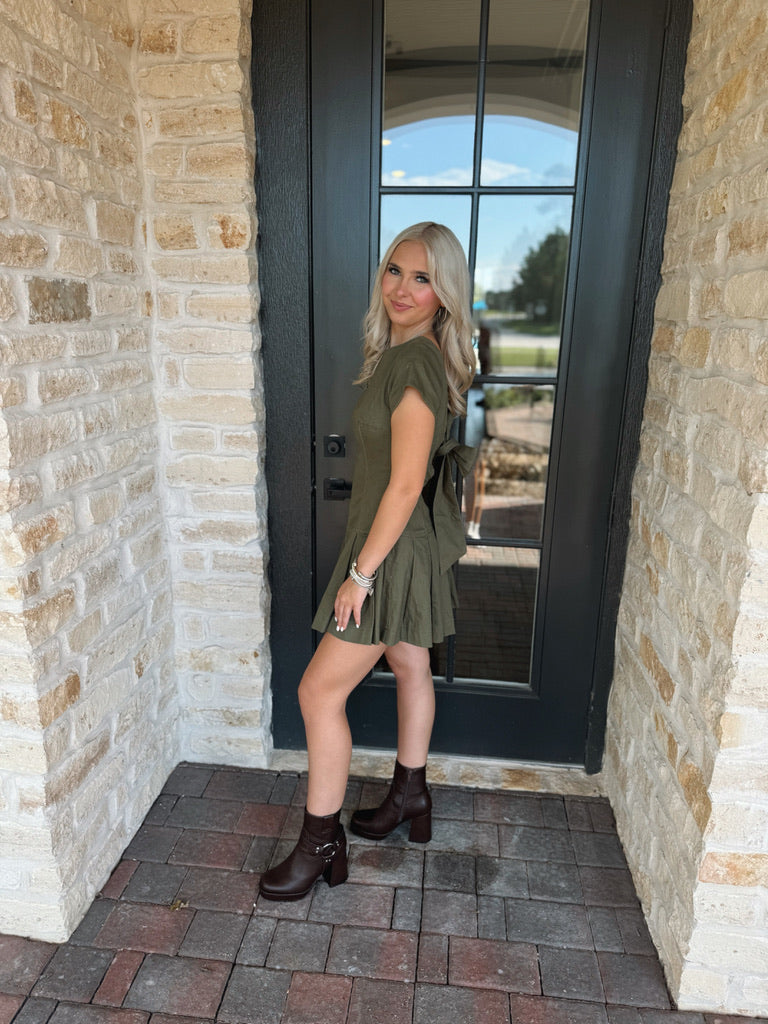 Olive Green Tie Back Denim Dress