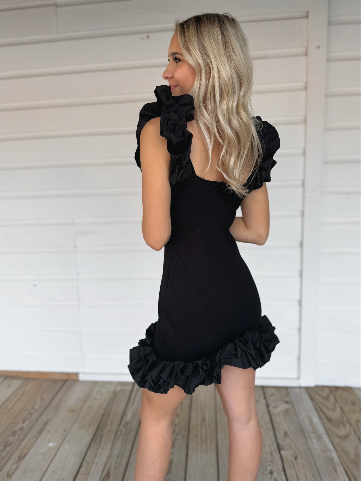 Ruffle Ponte Mini Bodycon Dress