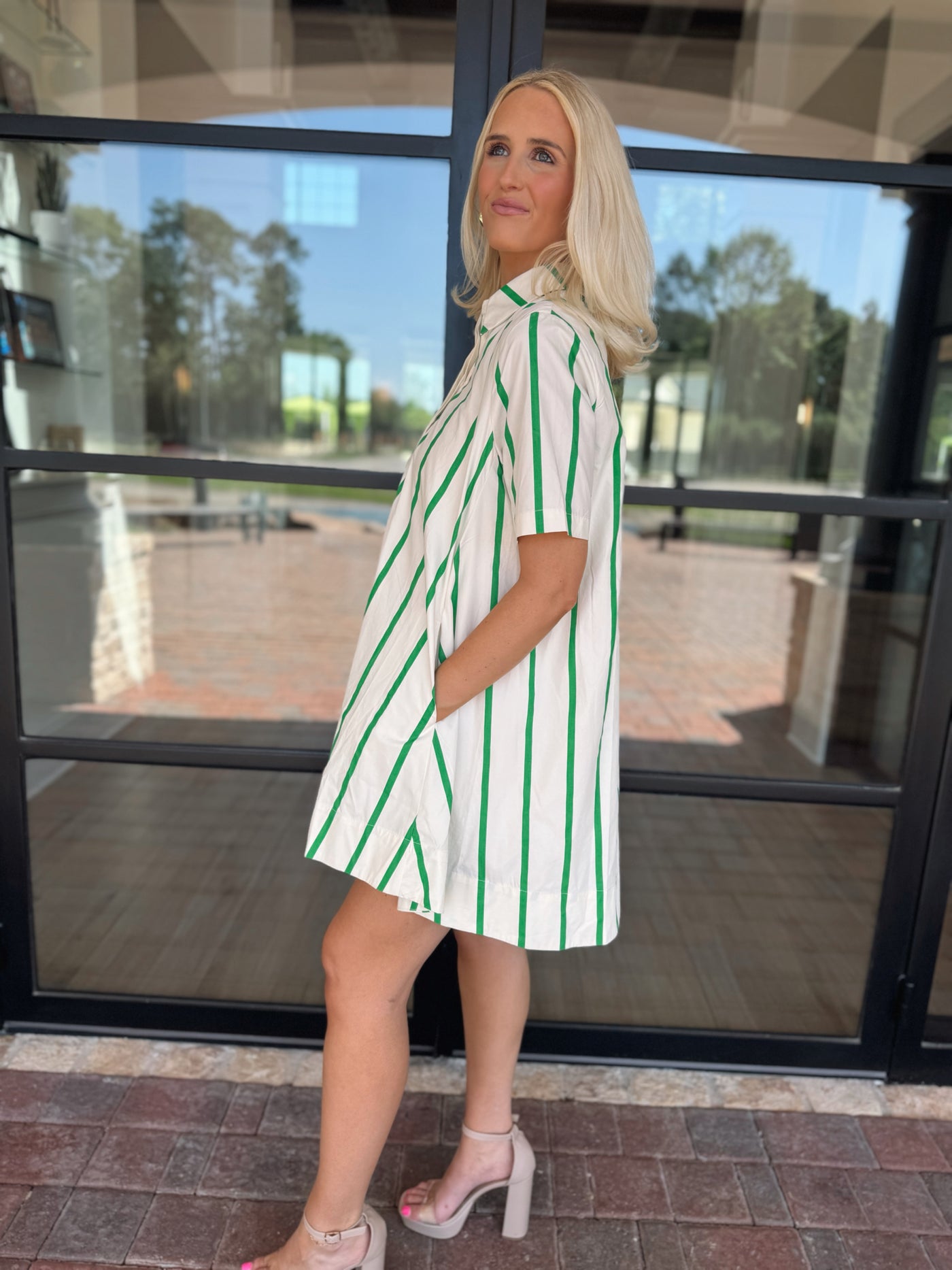 White Flare Dress - Green Stripes