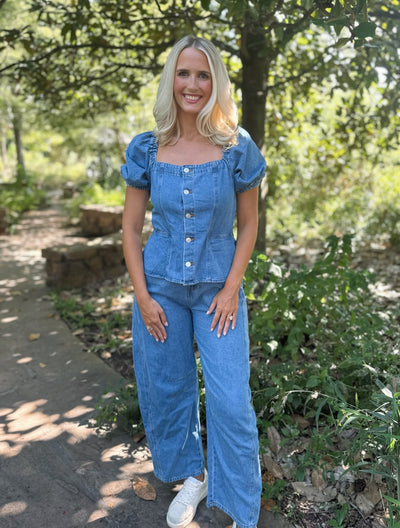 Denim Puff Sleeve Jumpsuit