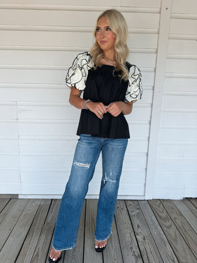 Black Ruffle Sleeve Top