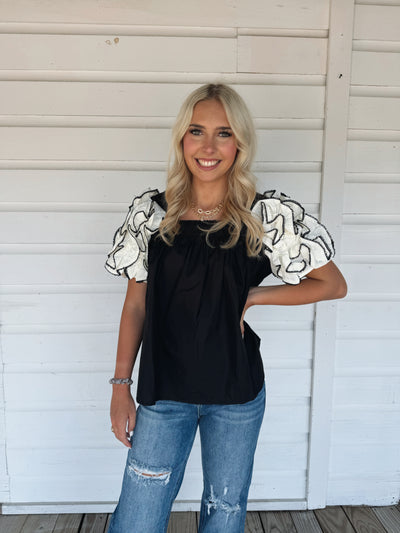 Black Ruffle Sleeve Top