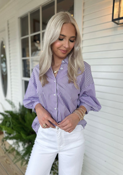 Purple Striped Balloon Sleeve Top