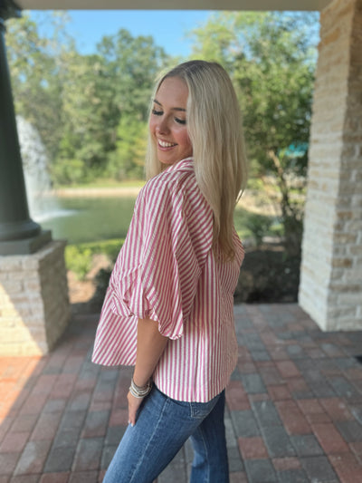 Striped Bubble Sleeve Button Up - Pink