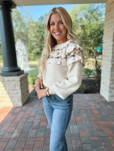 Floral Embroidered Ruffle Sweater