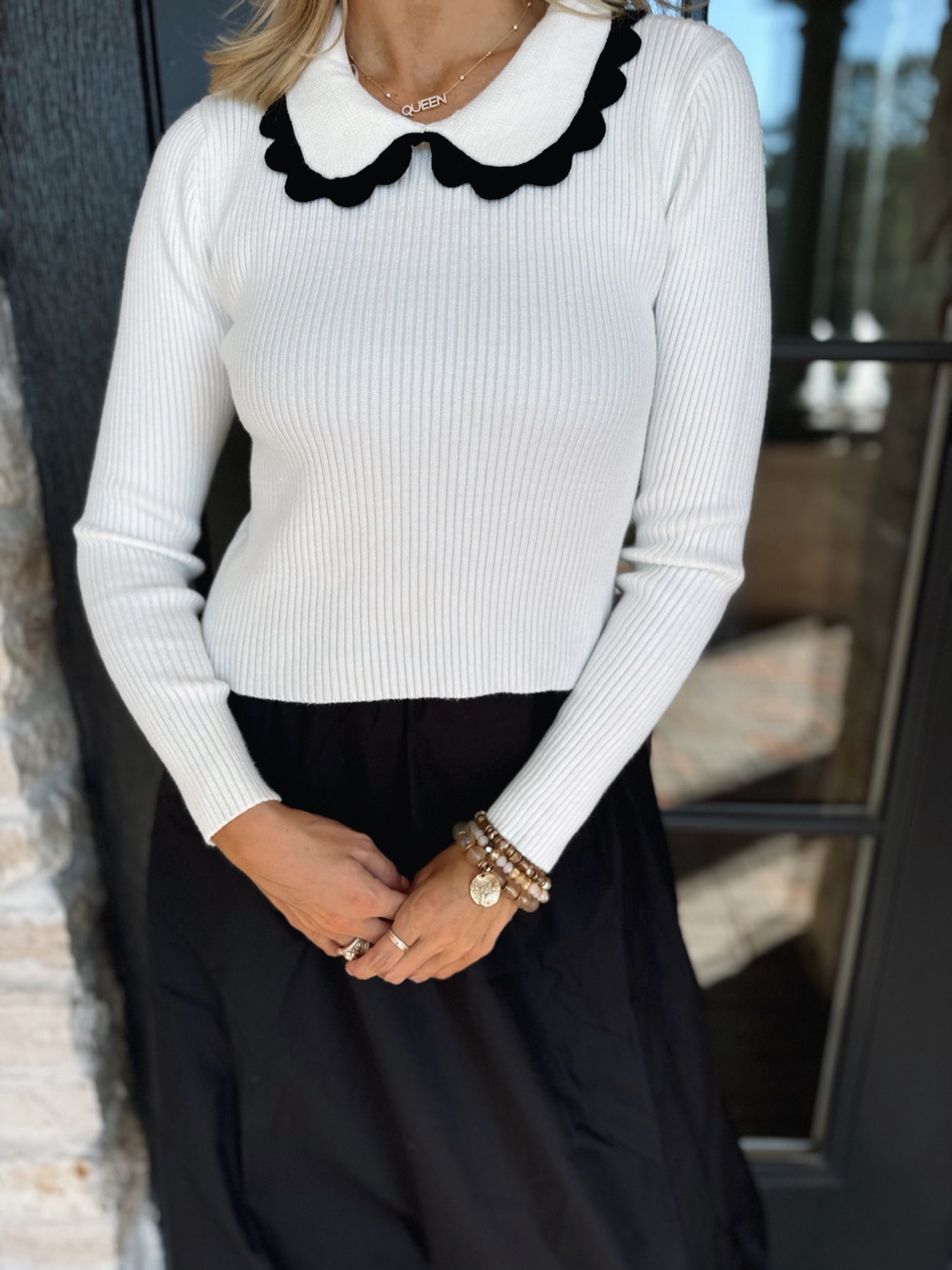 Black Scalloped Collared Top