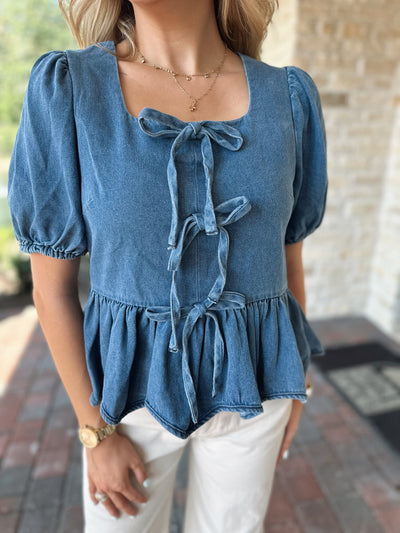 Denim Bow Peplum Top