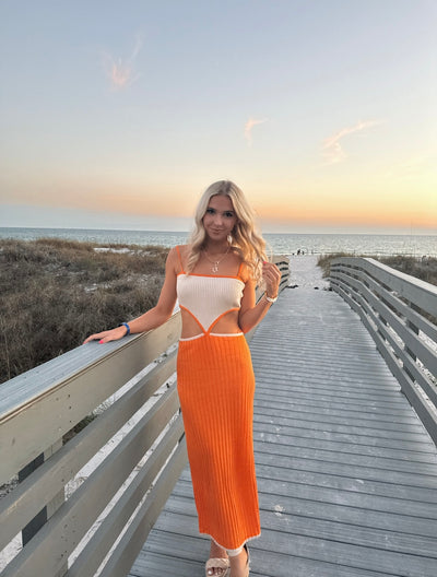 Orange Color Block Cut Out Dress