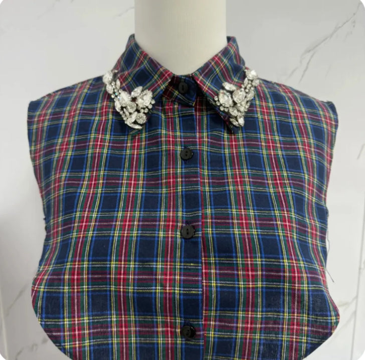 Navy Blue Plaid Rhinestone Collar