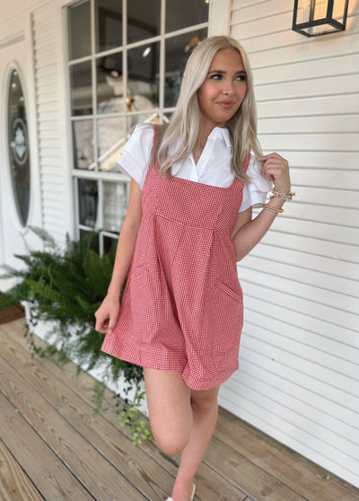 Red and White Gingham Romper