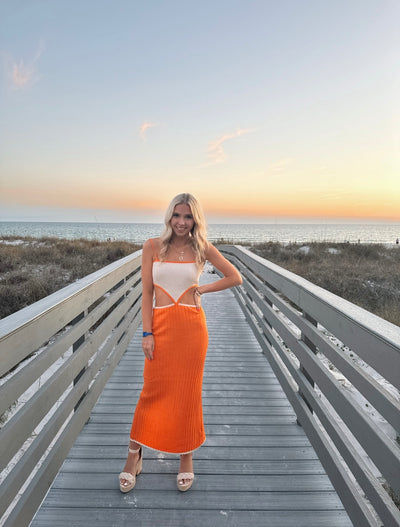 Orange Color Block Cut Out Dress