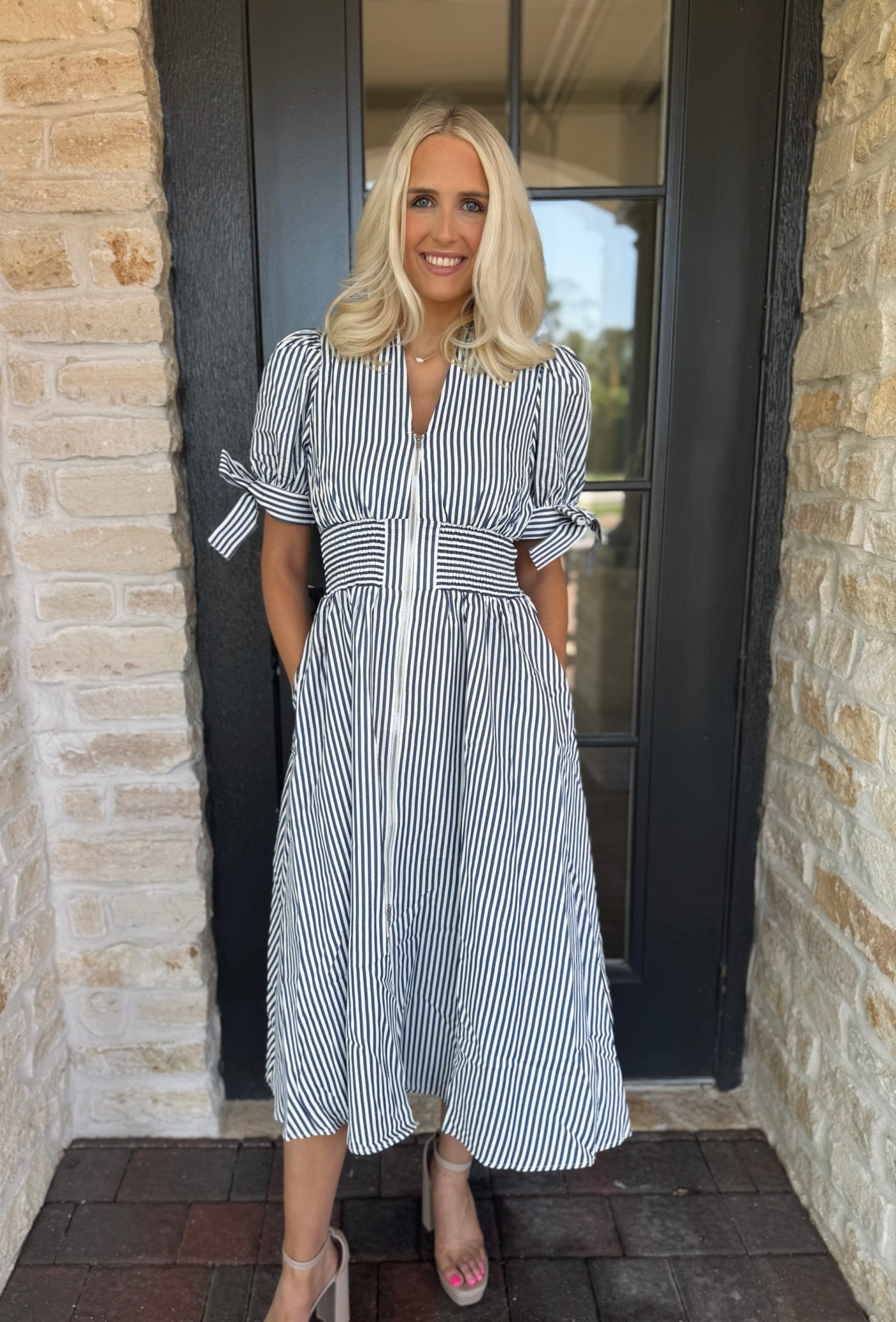 Navy Pin Striped Midi Dress