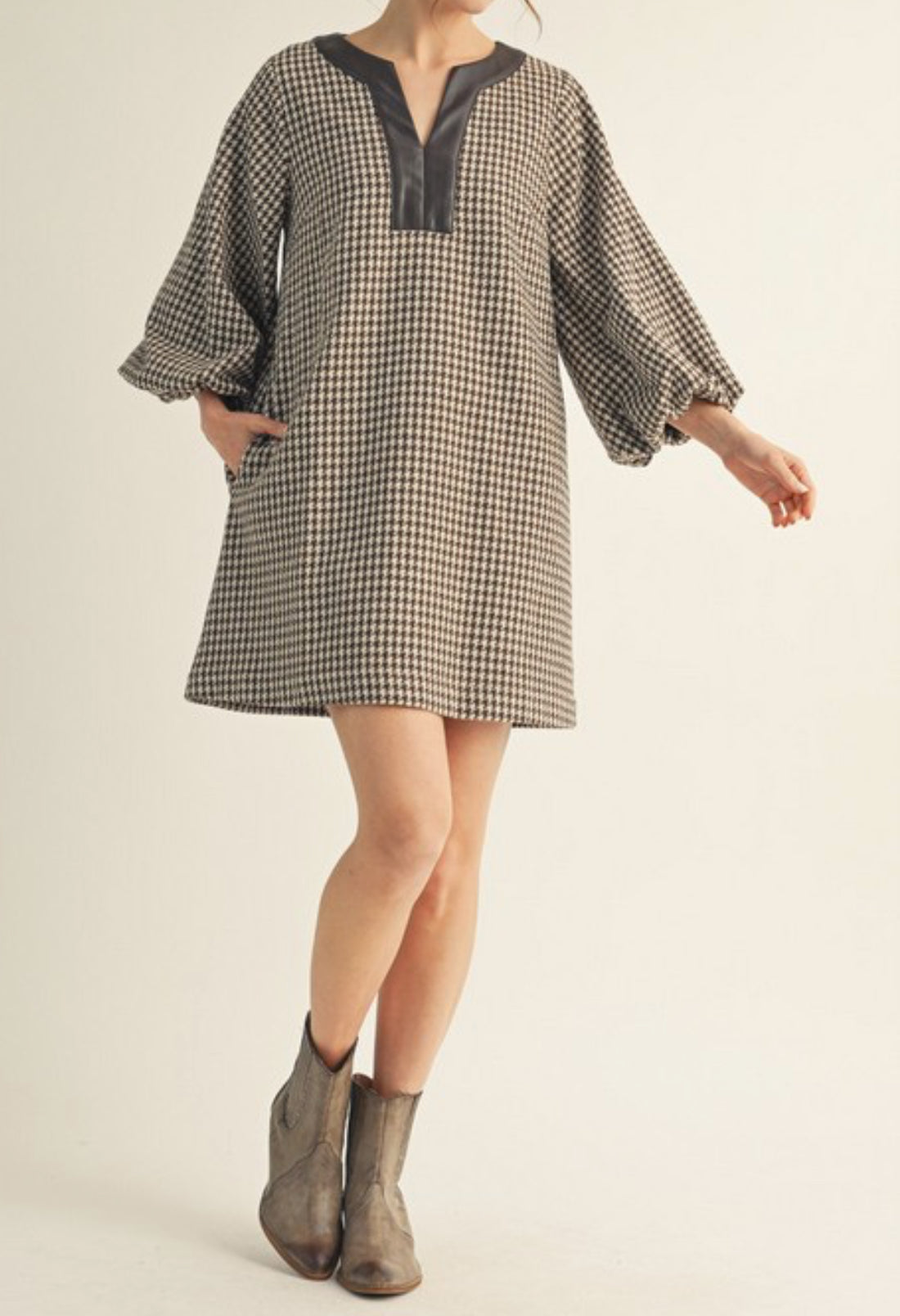 Brown Contrast Herringbone Dress