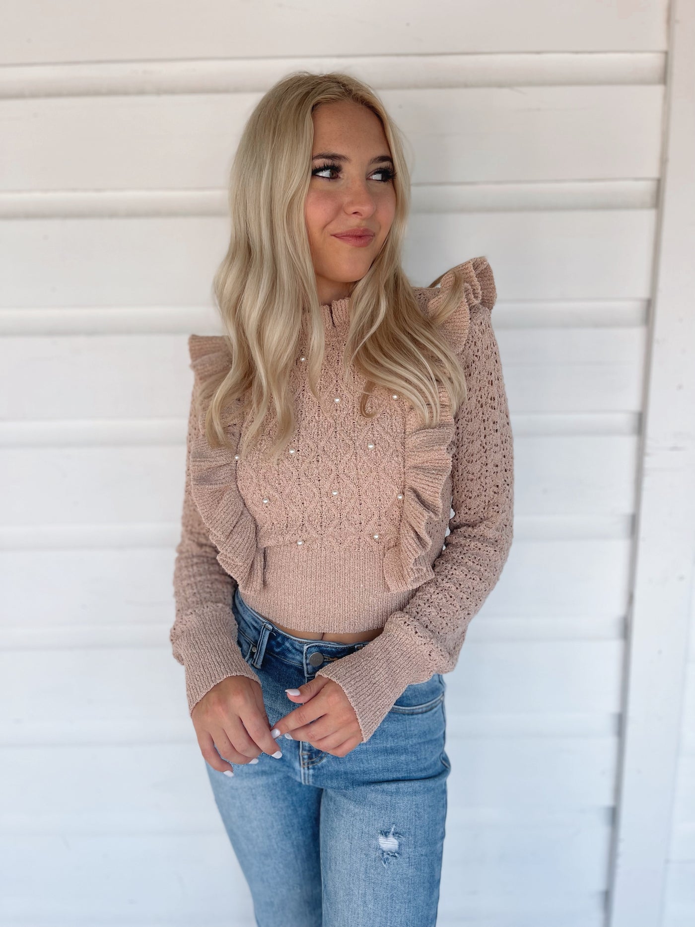 Blush Pearl Ruffle Sweater