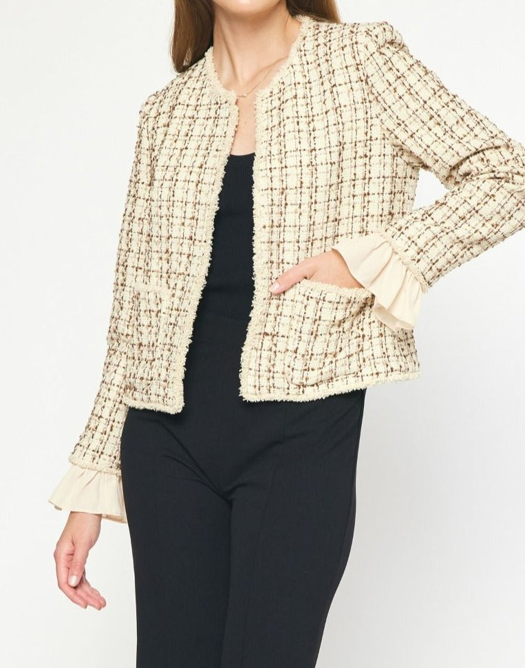 Tweed Creme Ruffle Cuff Jacket
