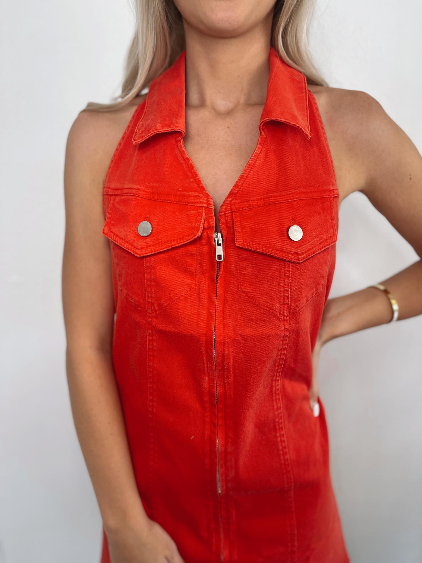 Red Denim Halter Zip Up Dress