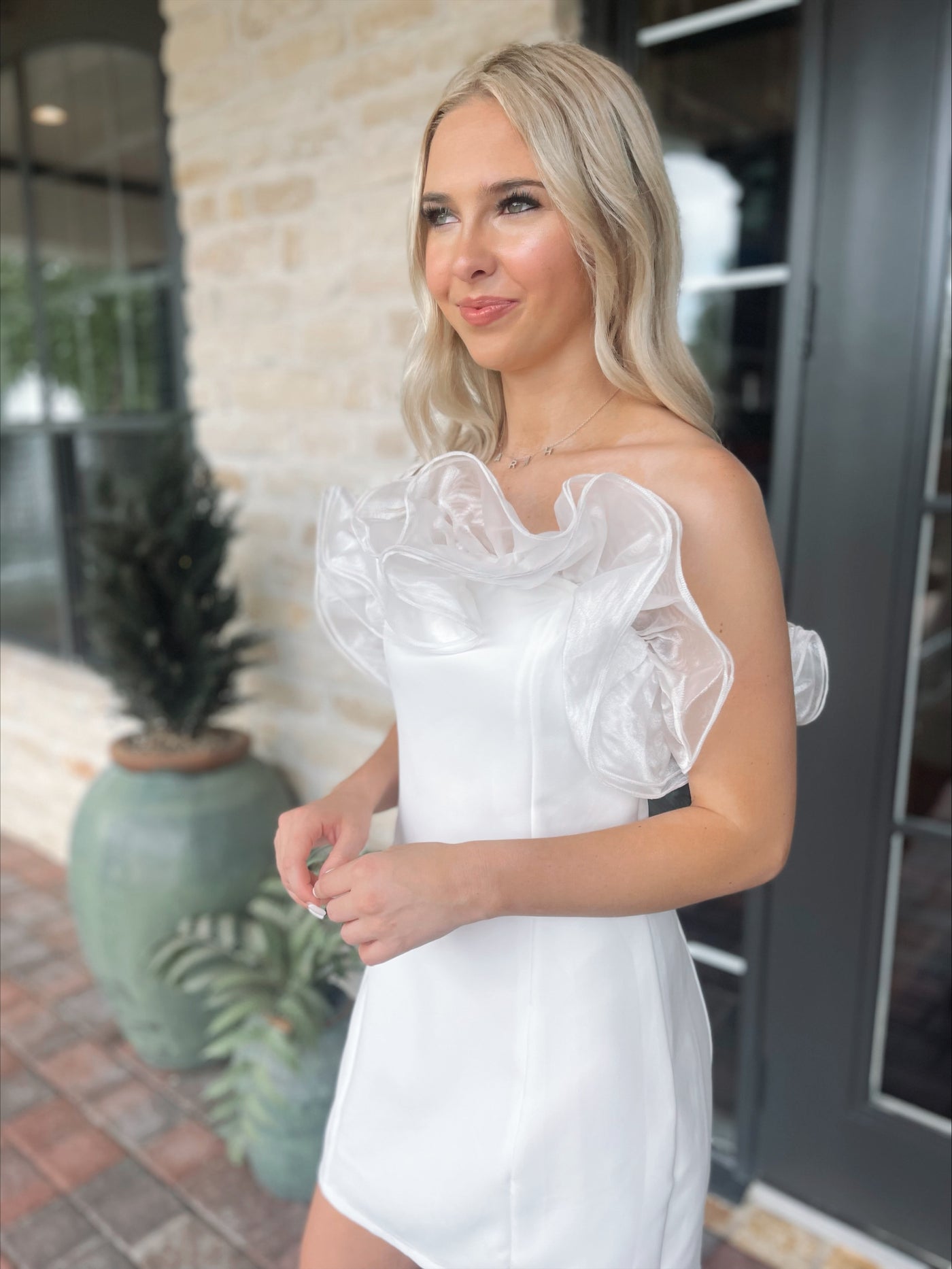 white organza dress Satin - OTS Maxi Dress - Long Sleeve Gown Its asymmetric ruffles cascade gracefully along the front and back Simple White Corset Gown Wedding