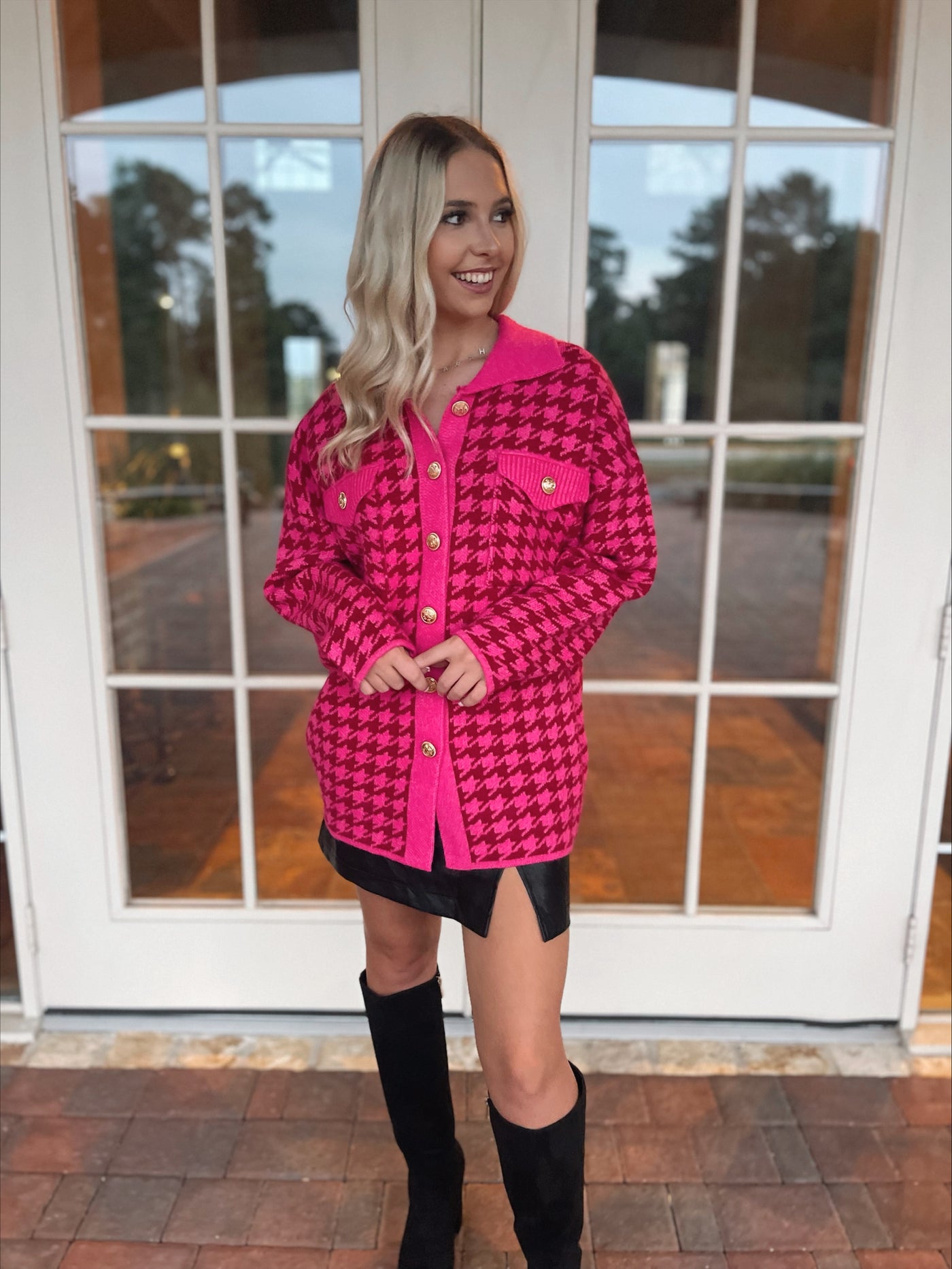 Pink Knit Houndstooth Shacket