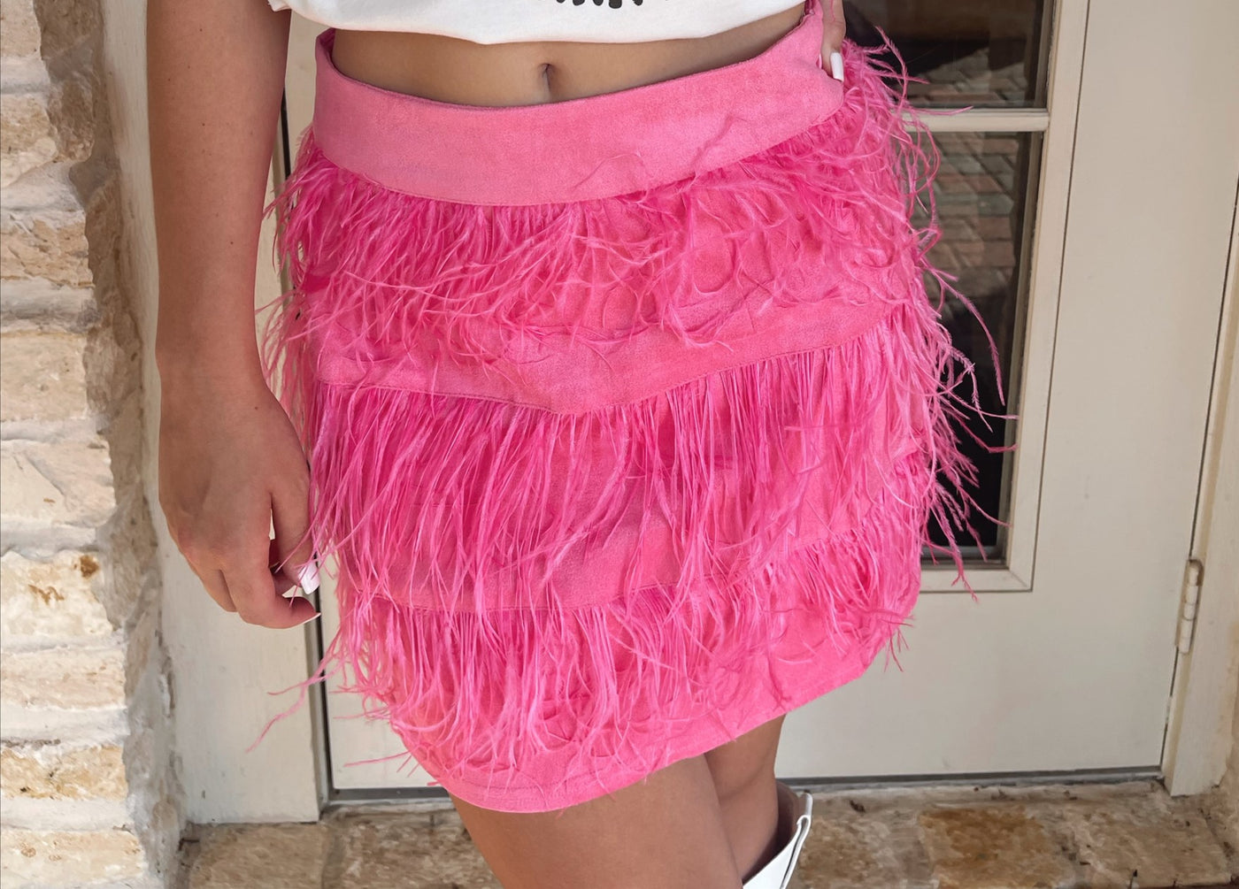 Suede Ostrich Fur Mini Skirt - Hot Pink