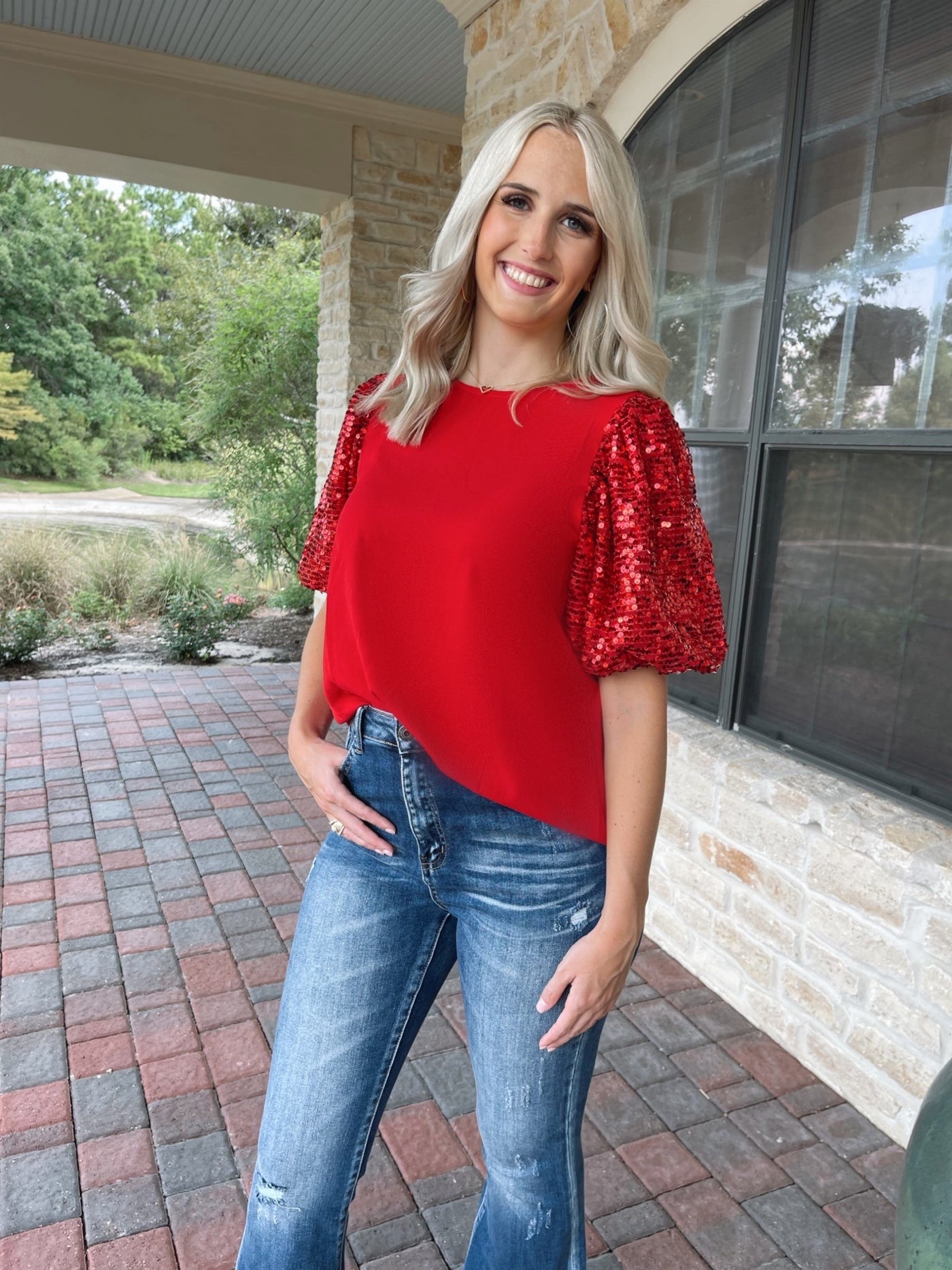 Lily Round Neck Sequin Contrast Sleeves Blouse