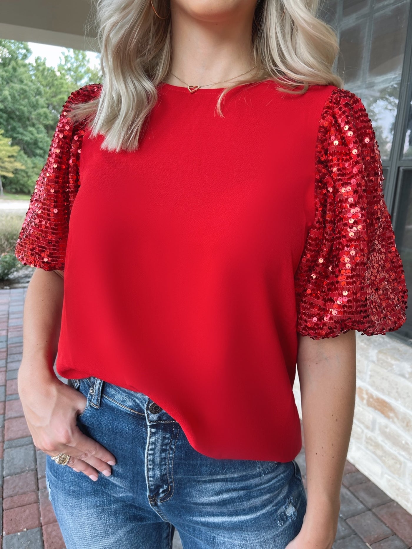 Lily Round Neck Sequin Contrast Sleeves Blouse