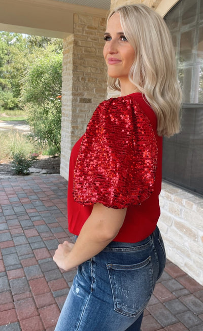 Lily Round Neck Sequin Contrast Sleeves Blouse