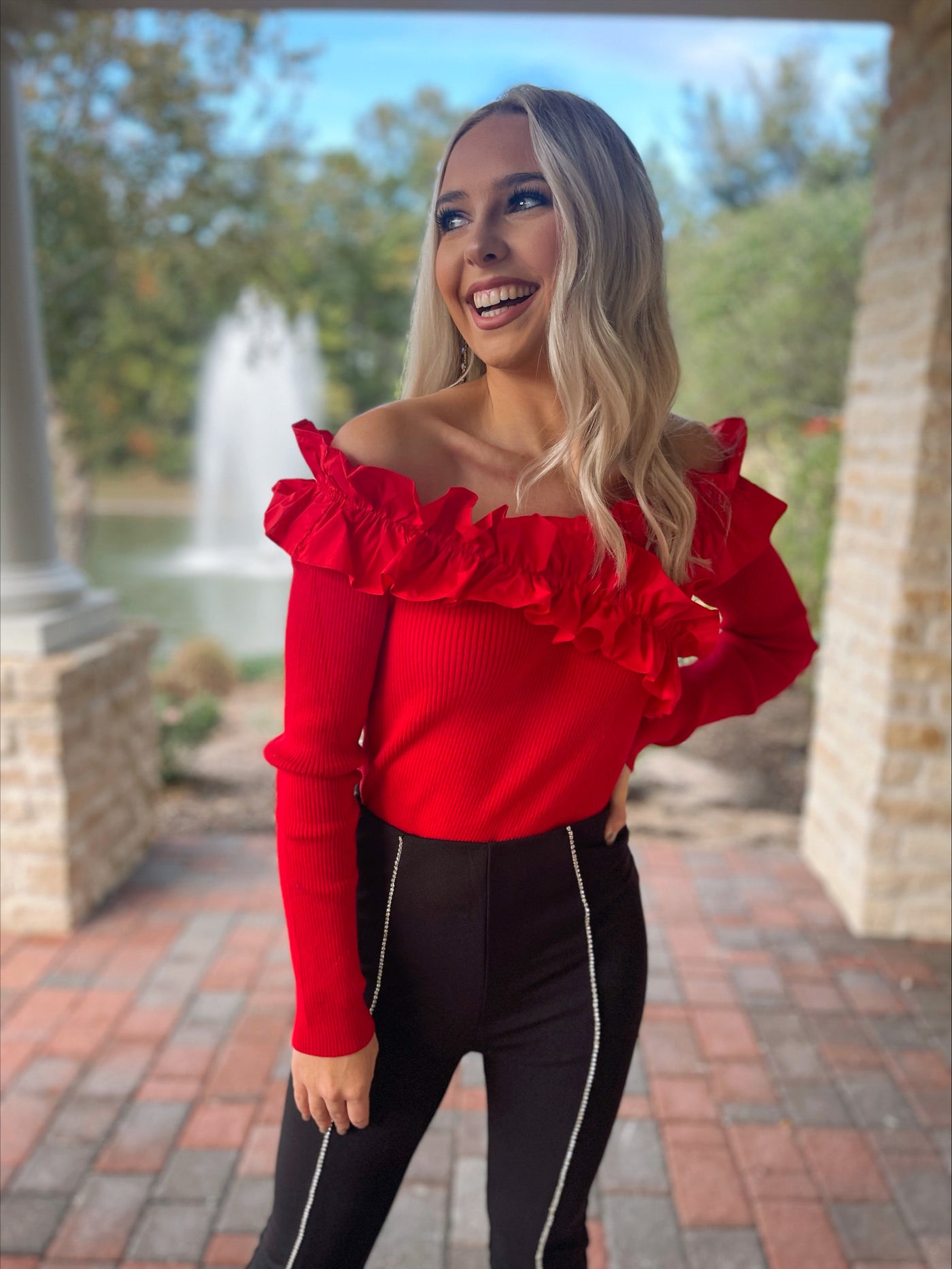 Ruffle Trim OTS Top  -  Red