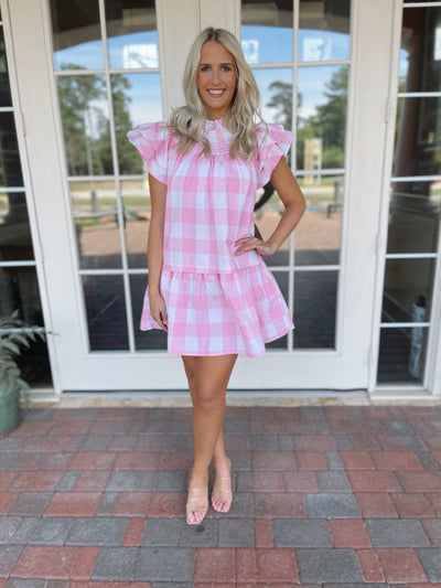 Gingham Ruffle Mini Dress - Pink