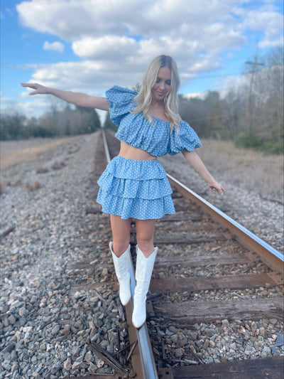 Denim Blue and White Polka Dot Skort