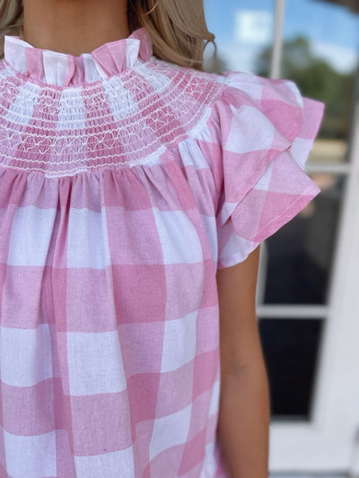 Gingham Ruffle Mini Dress - Pink