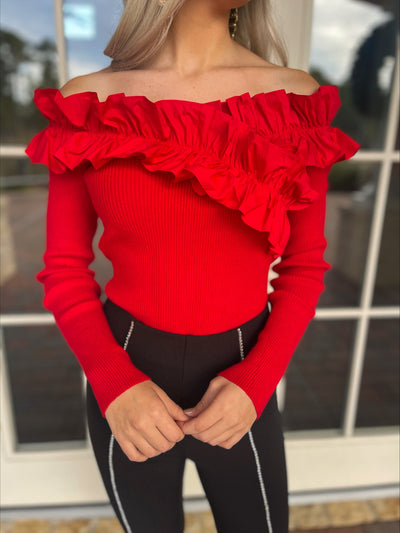 Ruffle Trim OTS Top  -  Red