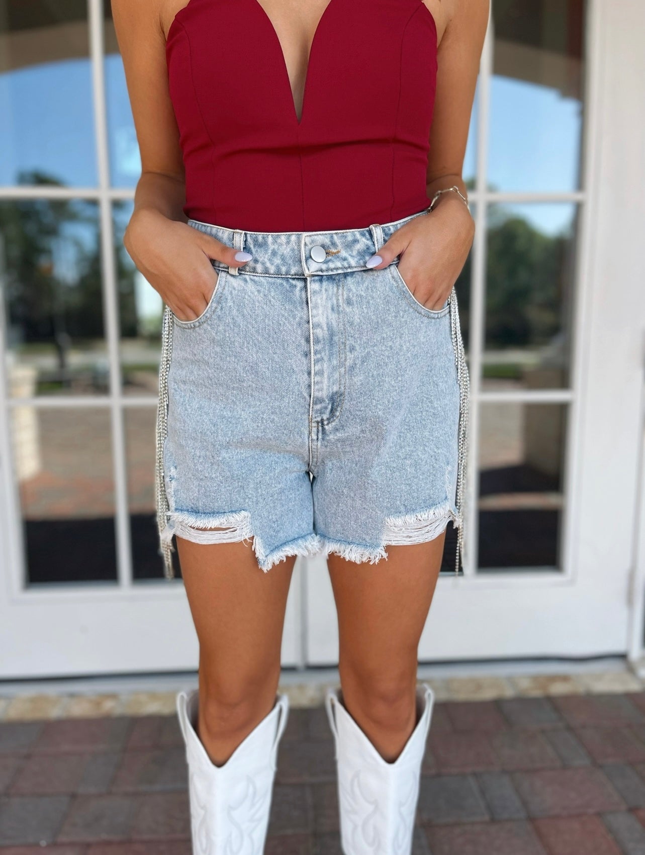 Rhinestone Fringe Denim Shorts