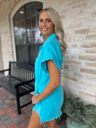 Aqua Blue Denim Distressed Romper