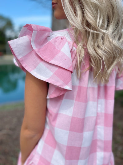 Gingham Ruffle Mini Dress - Pink