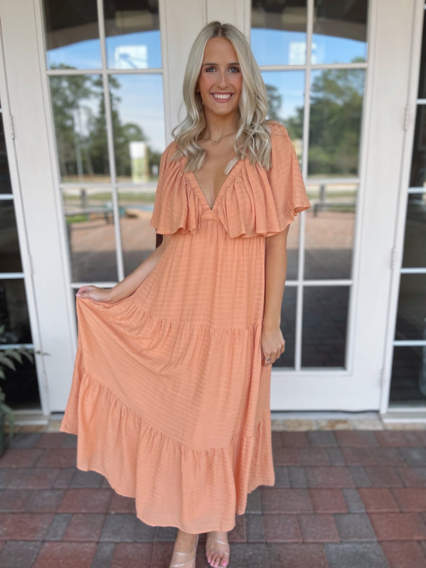 Ruffled Sleeve Maxi Dress - Apricot